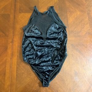 Vintage Victoria's Secret Black Velvet Mesh Bodysuit Sheer Panel‎ L Y2K